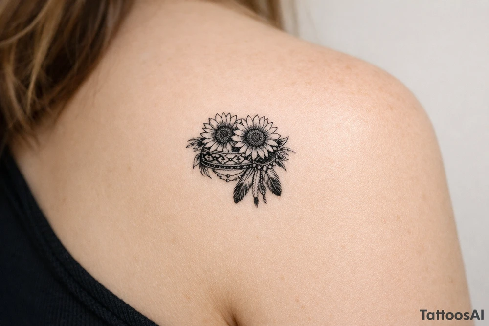sunflowers with feathers and female Indian headband ribbon tattoo idea