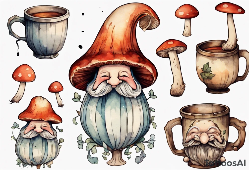 a medieval mushroom with a face and a beard with arms and legs drinking from a wood mug, laughing tattoo idea