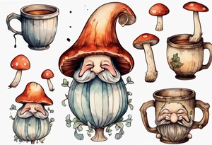a medieval mushroom with a face and a beard with arms and legs drinking from a wood mug, laughing tattoo idea
