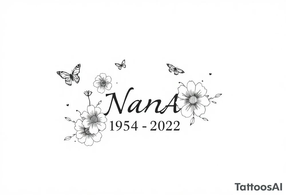 memorial tattoo with flowers and butterflies with the name “NANA” and the date “1954-2022” tattoo idea