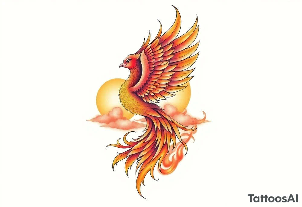 magnificent phoenix rising from flames with trailing embers pinks golds orange and yellows with a golden sunset and sky with puffy clouds and heaven backdrop tattoo idea