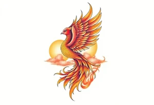 magnificent phoenix rising from flames with trailing embers pinks golds orange and yellows with a golden sunset and sky with puffy clouds and heaven backdrop tattoo idea
