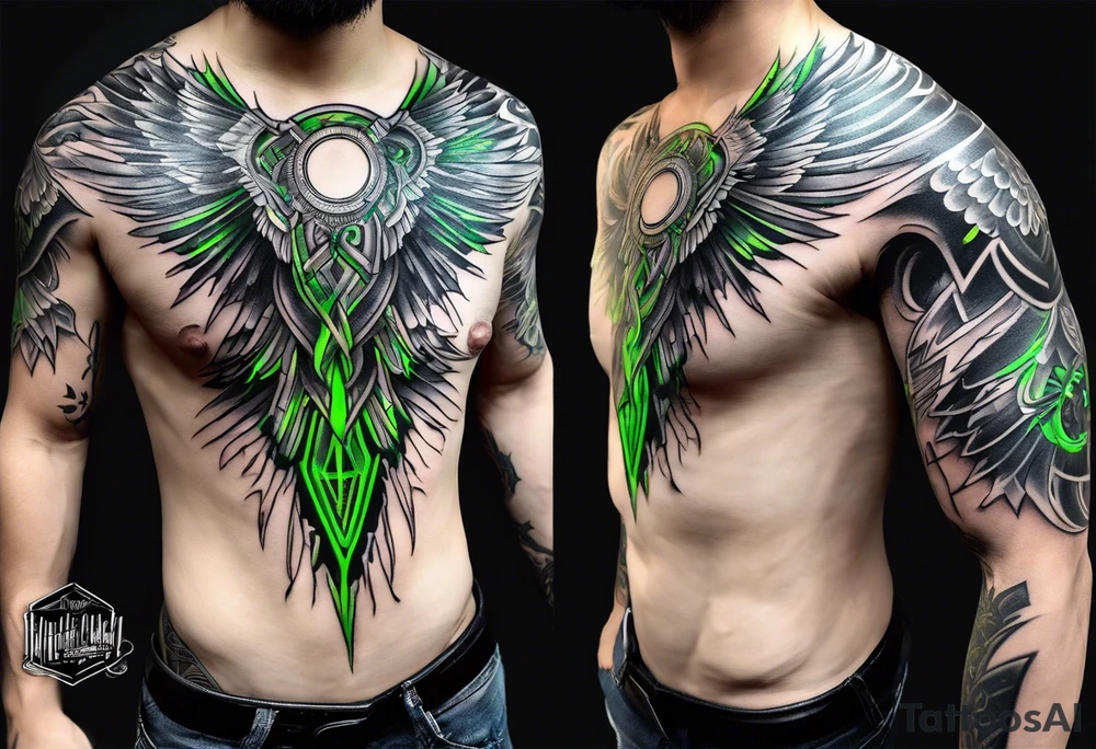 Forearm wing tattoo with streaks of neon green lightning going through/around it tattoo idea
