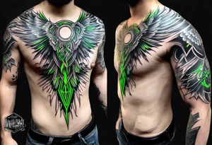 Forearm wing tattoo with streaks of neon green lightning going through/around it tattoo idea
