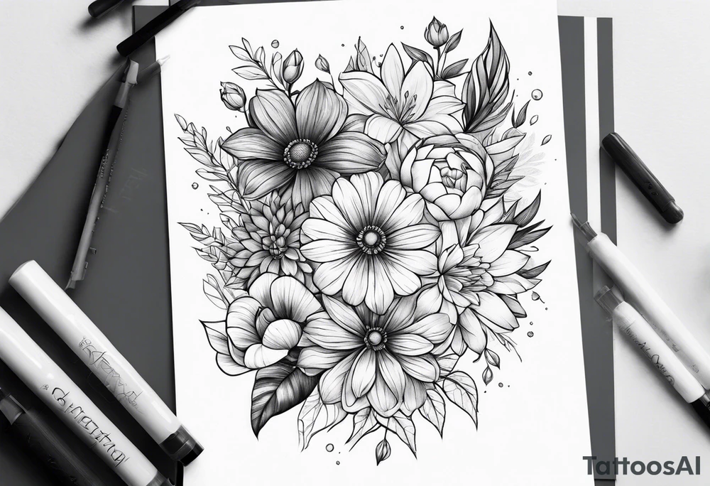Flower bouquet with 5 flowers tattoo idea