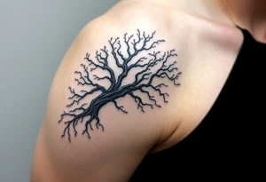 Large Flowing asymmetrical Yggdrasil tree that extends down arm and onto back and chest. Bold and simple branches that do not look realistic. tattoo idea
