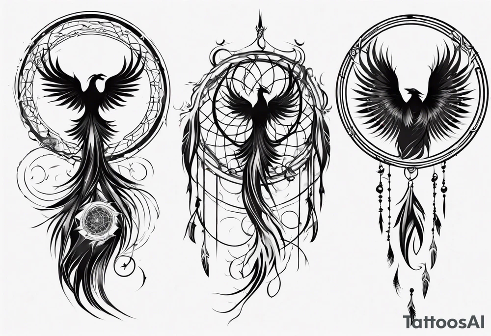 Vertical Phoenix in circles with abstract dream catcher tail tattoo idea Vertical Phoenix in circles with abstract dream catcher tail tattoo idea