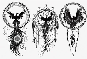 Vertical Phoenix in circles with abstract dream catcher tail tattoo idea