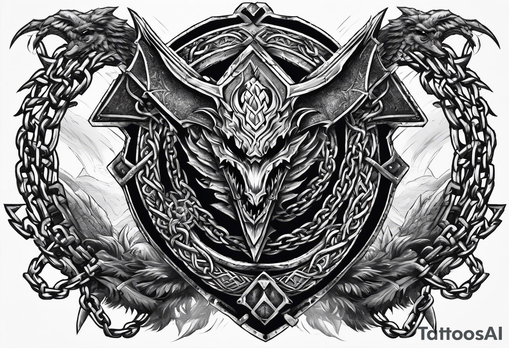 Valhalla sword shield dragon axe Valknut barbed wire chains tattoo idea