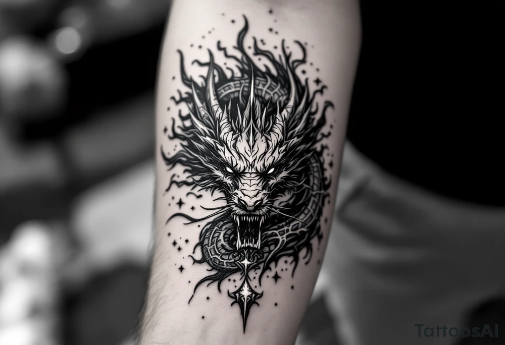 legendary dragon scene with energy aura and power effects tattoo idea