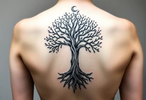 mystical tree of life with cosmic roots and celestial branches tattoo idea