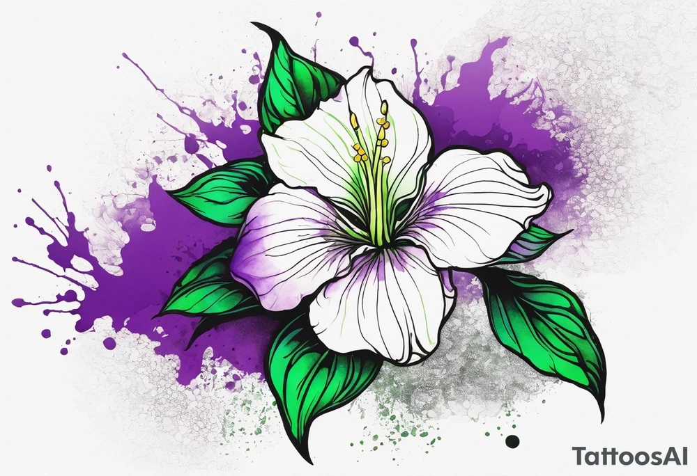 A mystical outline of a rio dipladenia flower with green/purple pedals and a green/purple watercolor splash in the background tattoo idea