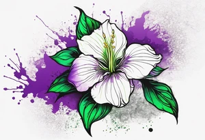 A mystical outline of a rio dipladenia flower with green/purple pedals and a green/purple watercolor splash in the background tattoo idea