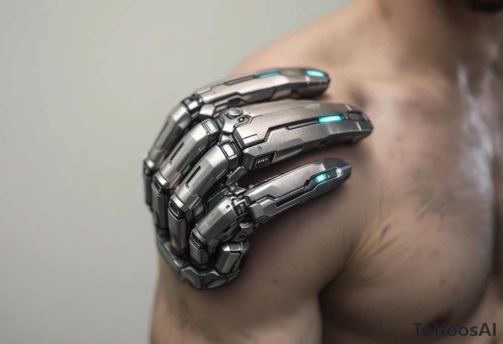 A tattooed mechanical glove with brushed silver plating and soft teal light strips running along the knuckles. tattoo idea