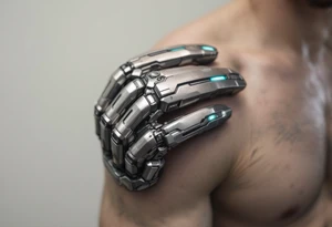 A tattooed mechanical glove with brushed silver plating and soft teal light strips running along the knuckles. tattoo idea