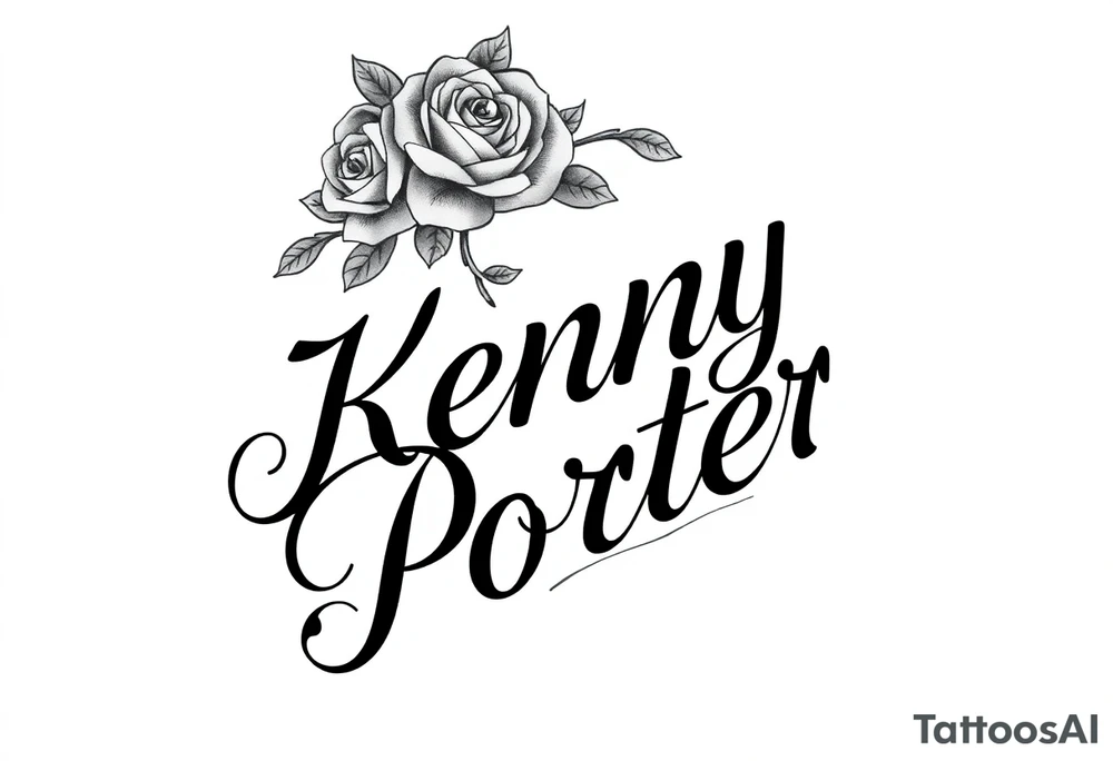"A large-scale, high-contrast black and grey tattoo design featuring the names 'Kenny' and 'Porter' in an elegant, bold Chicano/Cholo-style script. The composition is a vertical side-piece specifically designed to contour and flow with the natural curves of the body.
Placement: The tattoo starts at the iliac crest (upper hip bone), sweeps diagonally across the lateral glute (side of the buttocks), and tapers smoothly onto the upper outer thigh.
Design Details: The lettering should feature sharp serifs, thick outlines, and intricate decorative filigree that connects the two names. Incorporate realistic roses with fine-line shading at the top and bottom of the script to anchor the design. The flow should be dynamic and 'wrap' slightly around the hip to create a slimming, feminine silhouette. Ensure the background is a clean white canvas to highlight the professional linework and custom calligraphy tattoo idea
