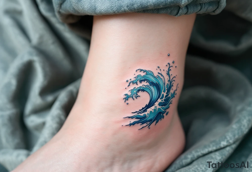 A turquoise wave crashes in delicate linework on the ankle, accented with silver highlights. tattoo idea