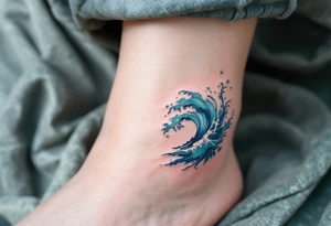 A turquoise wave crashes in delicate linework on the ankle, accented with silver highlights. tattoo idea