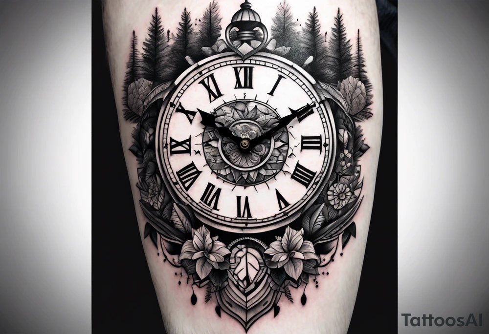 Clock centerpiece surrounded by trees tattoo idea