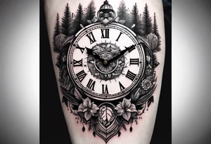 Clock centerpiece surrounded by trees tattoo idea
