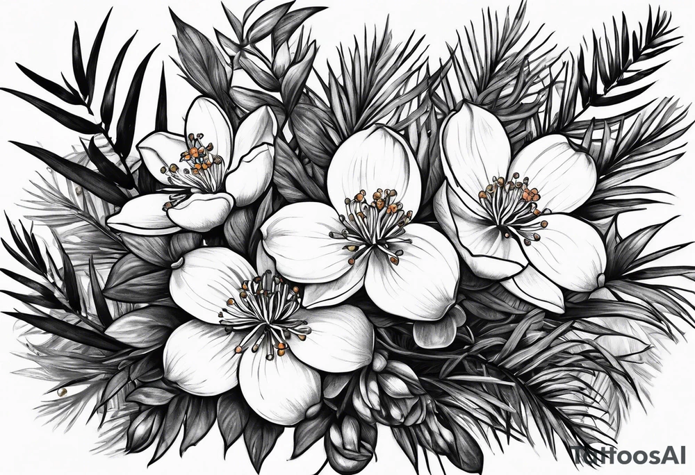 Orange blossoms with palmettoes and cypress trees tattoo idea
