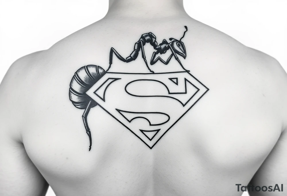 Black ant carrying the Superman logo on his back tattoo idea