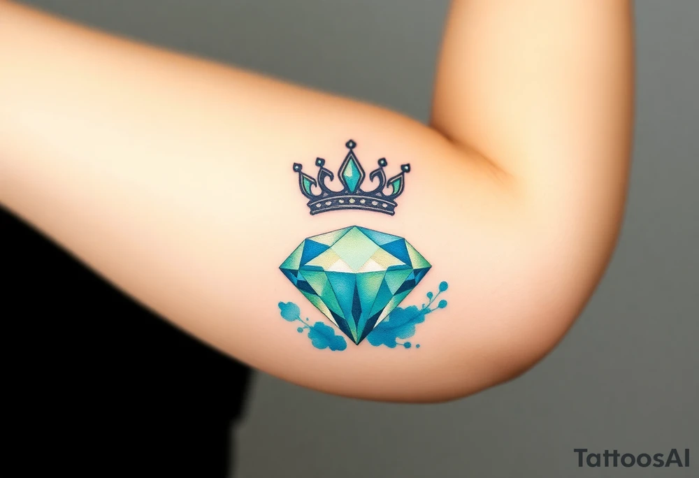 A crown floating above a faceted diamond, with a subtle gradient of deep emerald green and royal blue tattoo idea
