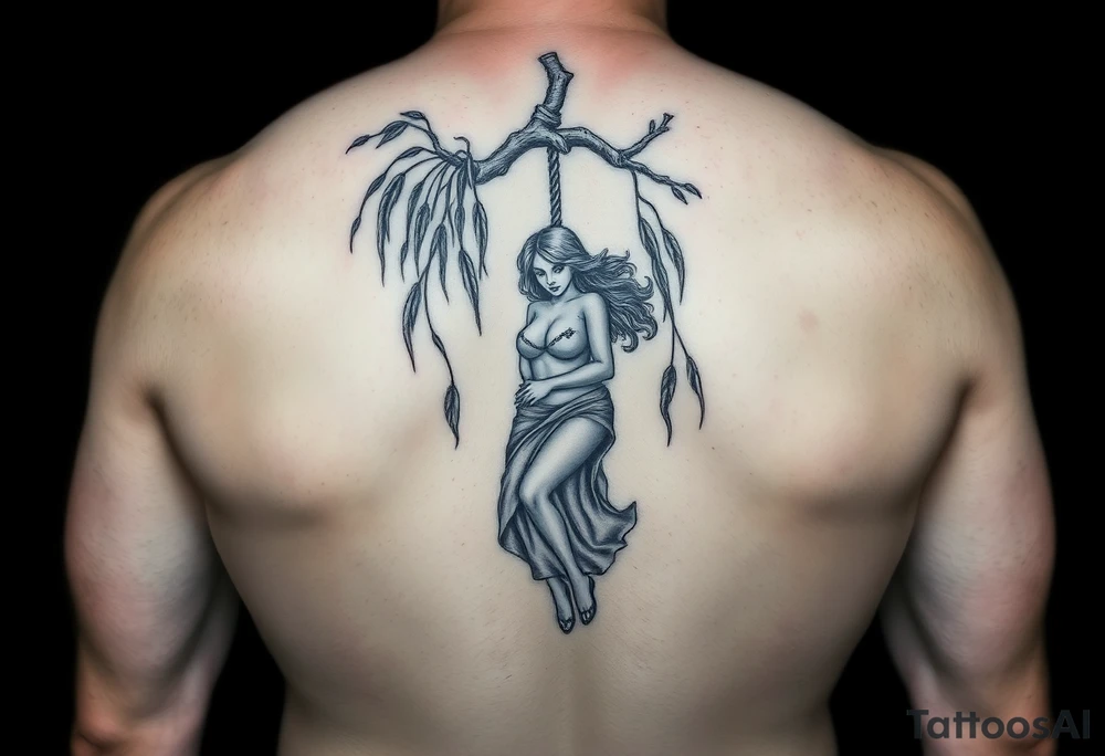 Fat sexy woman hanging in a noose off a weeping willow tree tattoo idea