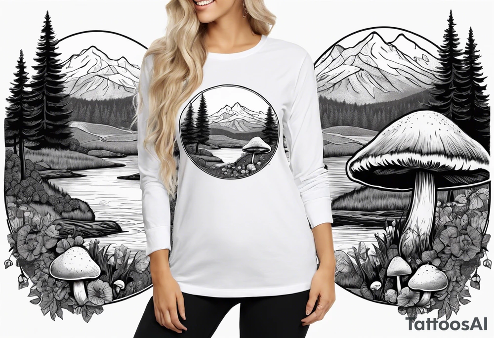 Whole picture encircled fully

Straight long blonde hair hippie girl in distance holding mushrooms in hand facing away toward mountains and creek surrounded by mushrooms long sleeve shirt and hiking pants; whole rendering within a full circle, no cut off circle tattoo idea