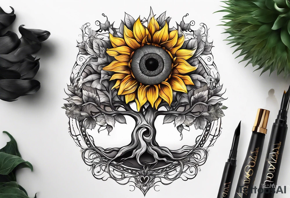 Feminine Yggdrasil tree with two sunflowers tattoo idea
