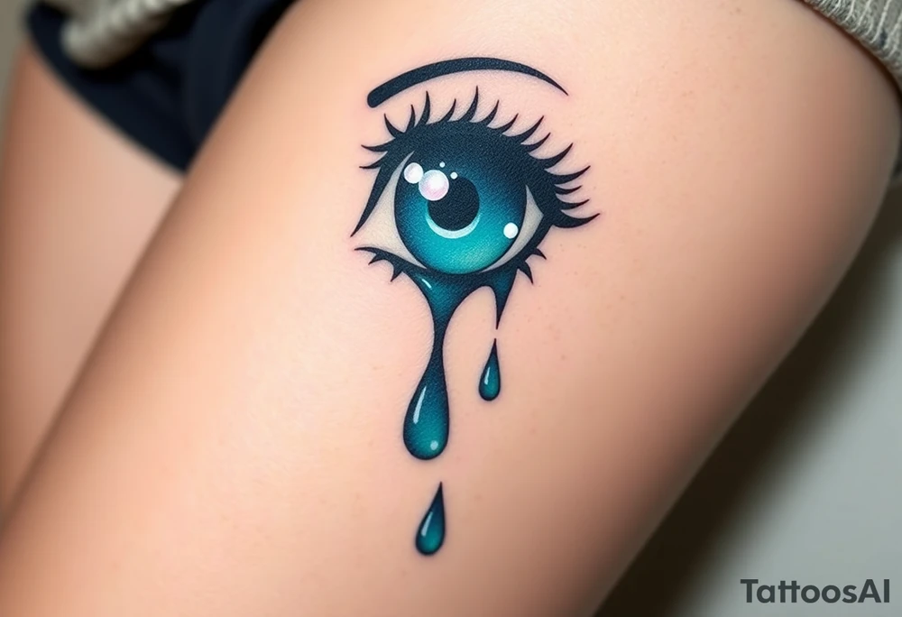 teary eyes with dripping teardrops colored in deep blues and greens, with a faint reflection of the night sk tattoo idea