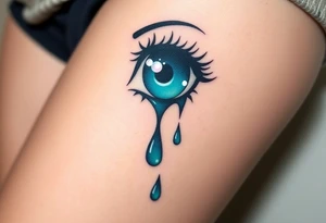 teary eyes with dripping teardrops colored in deep blues and greens, with a faint reflection of the night sk tattoo idea