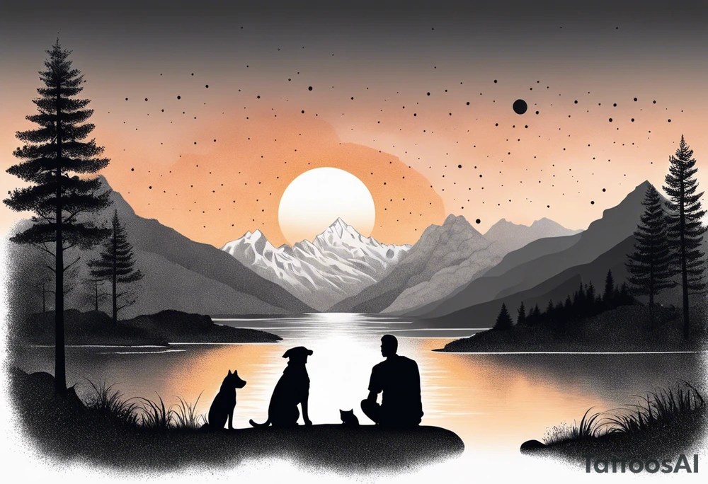 nature, sunset, mountains, a father and son with his dog and cat sitting by the water tattoo idea