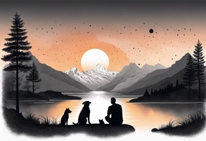 nature, sunset, mountains, a father and son with his dog and cat sitting by the water tattoo idea