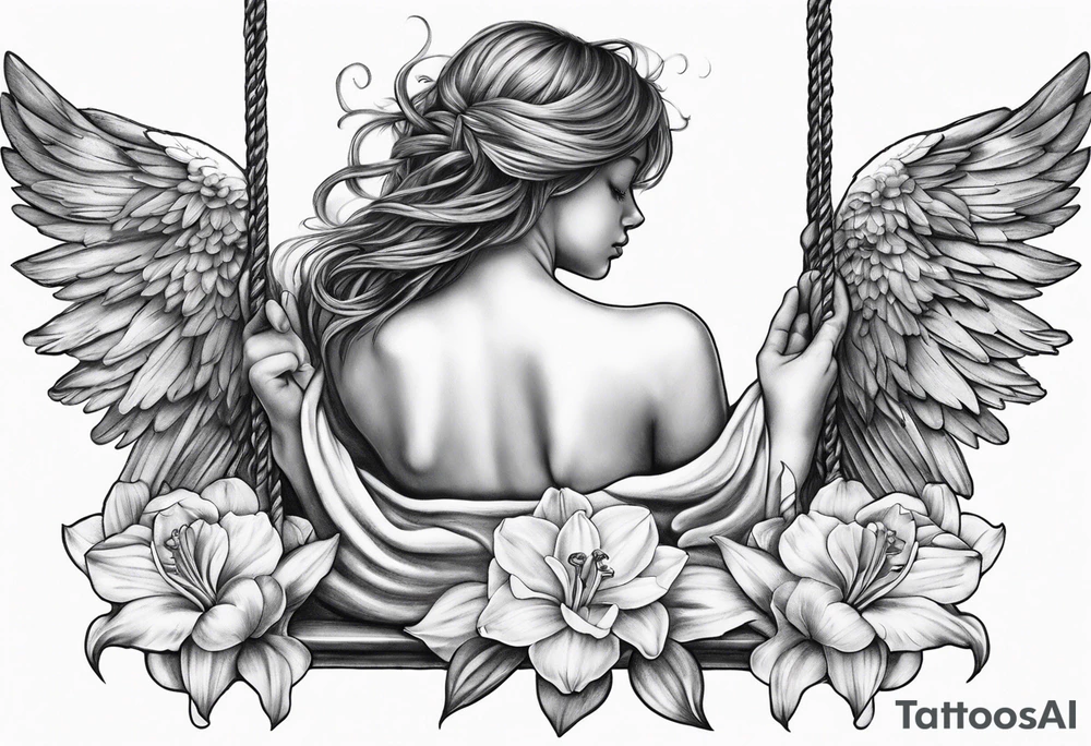 sad angel on swing from behind with sagging wings, with head down with face covered by hair surrounded by lily, daffodil, rose, daisy, narcissus tattoo idea