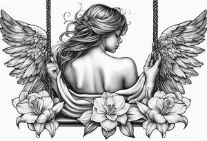sad angel on swing from behind with sagging wings, with head down with face covered by hair surrounded by lily, daffodil, rose, daisy, narcissus tattoo idea