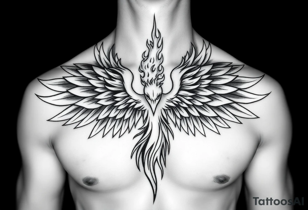 Realistic and symmetrical flaming Phoenix rebirth with spread low wings mapped onto chest
Phoenix head must be in the middle of the chest, straight and symmetrical 
Fire should be surrounding spread wings
Wings should be spread low only on chest muscle tattoo idea
