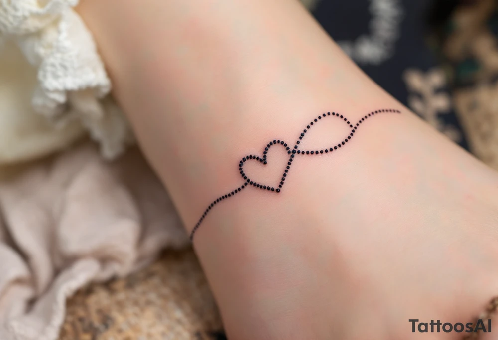 A fine-line black infinity band with a delicate heart in the shape of a fingerprint in maroon. tattoo idea