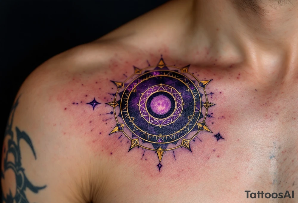 A dark violet magic circle with golden protective markings and layered spell rings. tattoo idea
