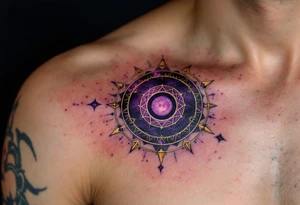 A dark violet magic circle with golden protective markings and layered spell rings. tattoo idea