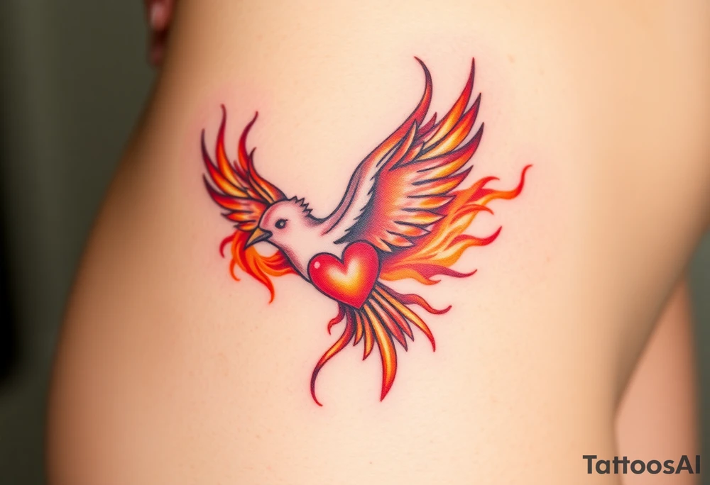 A fiery bird print with hearts engulfed in flames, using shades of red, orange, and yellow, symbolizing passion and energy tattoo idea