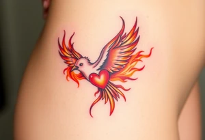 A fiery bird print with hearts engulfed in flames, using shades of red, orange, and yellow, symbolizing passion and energy tattoo idea