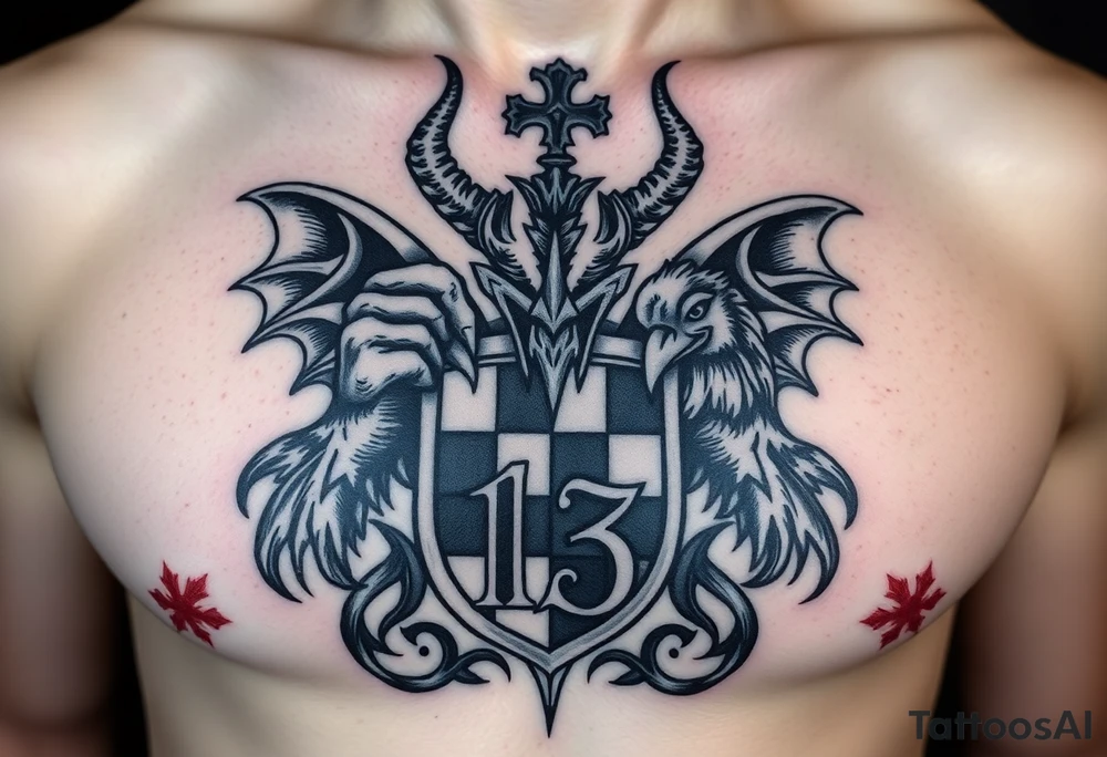 A large, intricate demonic Medieval gestured, family crest, incorporating the number 13 and the Toledo Mud Hens with wispy features very masculine.  For A Chess piece on a man tattoo idea