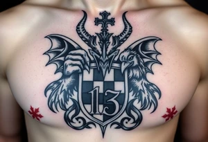 A large, intricate demonic Medieval gestured, family crest, incorporating the number 13 and the Toledo Mud Hens with wispy features very masculine.  For A Chess piece on a man tattoo idea