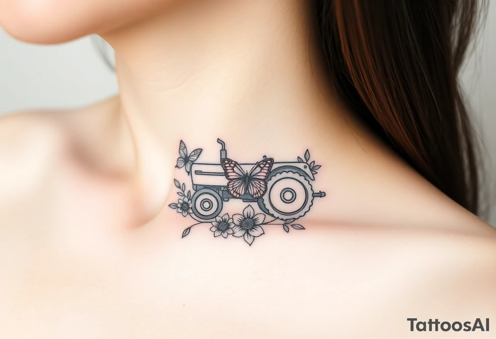 A dainty feminine tractor surrounded by flowers and a butterfly tattoo idea