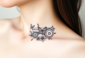 A dainty feminine tractor surrounded by flowers and a butterfly tattoo idea
