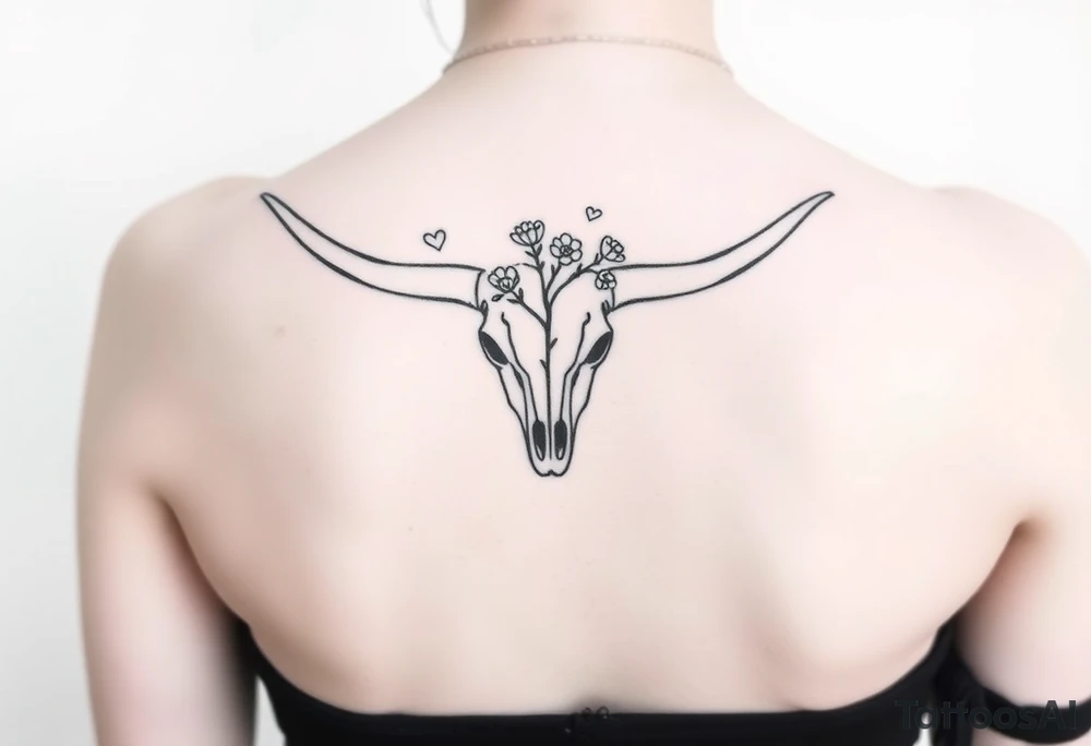 Texas Longhorn skull with tree growing out of it with flowers blooming tattoo idea