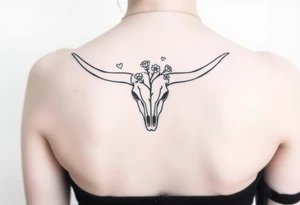 Texas Longhorn skull with tree growing out of it with flowers blooming tattoo idea