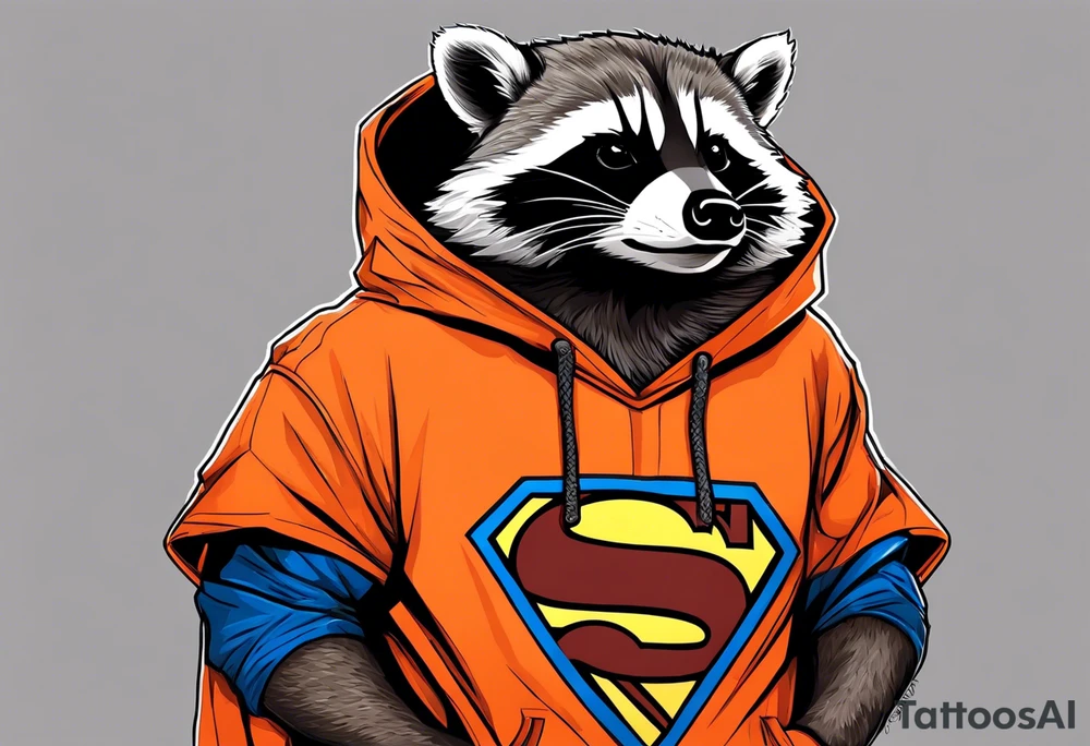 Raccoon wearing an orange Superman hoodie tattoo idea