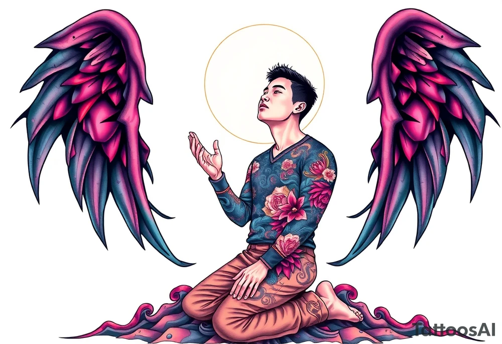 Handsome Asian young guy is standing on his knees apologising tattoo idea